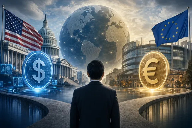Concept illustration of global digital currencies including stablecoins and central bank digital currencies