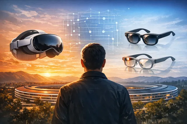Apple smart glasses concept with Vision Pro headsets fading into the background