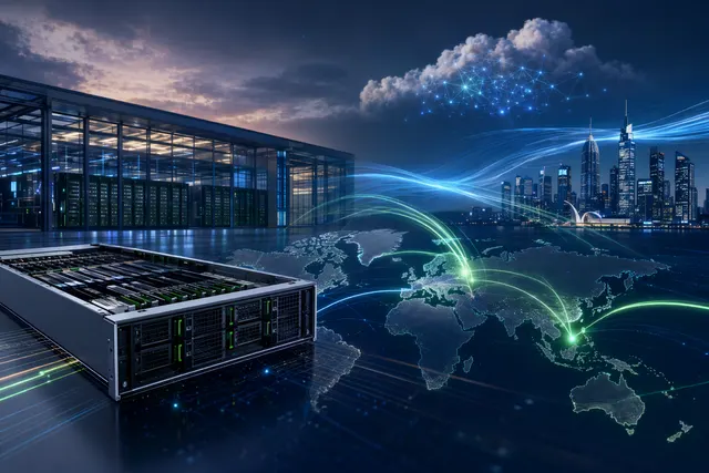 Illustration representing large-scale AI data centers powered by high-density GPU servers