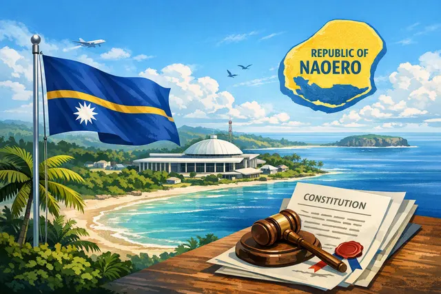 A graphic illustration of the Pacific island nation with the text 'Naoero' overlaid, symbolizing the official name change from Nauru to the Republic of Naoero.