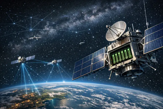 Illustration of AI computing satellites processing Earth imagery in low Earth orbit
