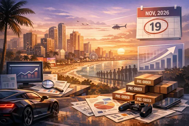 Editorial illustration of Grand Theft Auto VI pre-order momentum, console platforms and launch-day anticipation