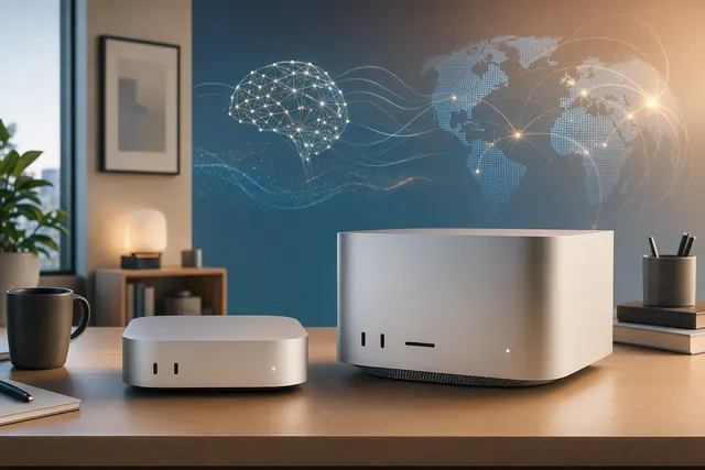 Editorial illustration of Apple Mac mini and Mac Studio desktops used for local AI computing