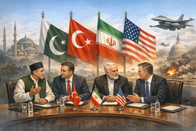 Illustration of diplomatic negotiations with a map of the Middle East highlighting Pakistan and Turkey as joint mediators in the US-Iran conflict