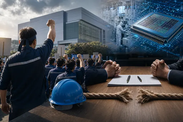 Illustration of workers protesting outside a semiconductor facility representing the Samsung Electronics labor dispute