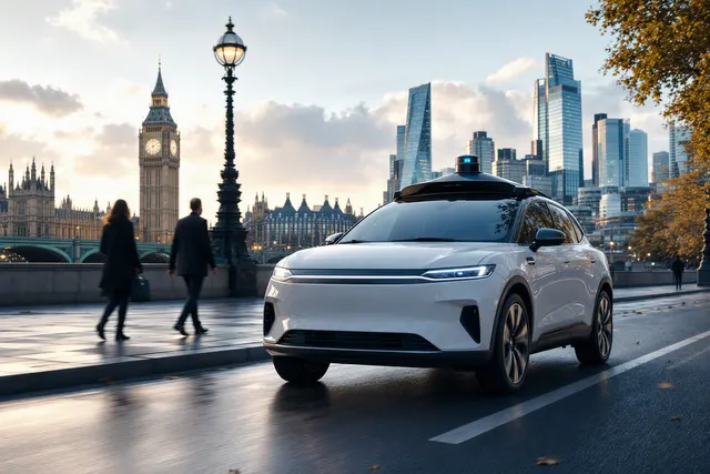 Illustration of an autonomous electric taxi driving on a London street