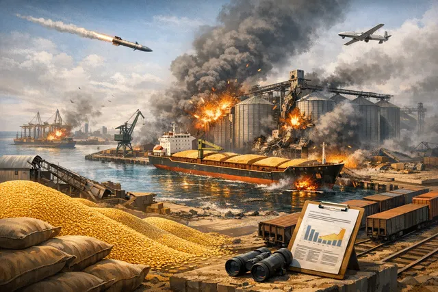 Aerial view of a damaged Ukrainian Black Sea port with grain silos and cargo vessels