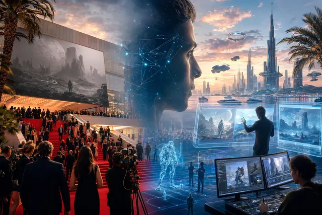 Futuristic sci‑fi filmmaking scene representing AI‑generated cinema announced at Cannes
