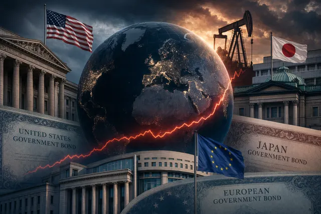 Global bond market selloff illustrated with rising government bond yields across the United States, Europe, and Japan