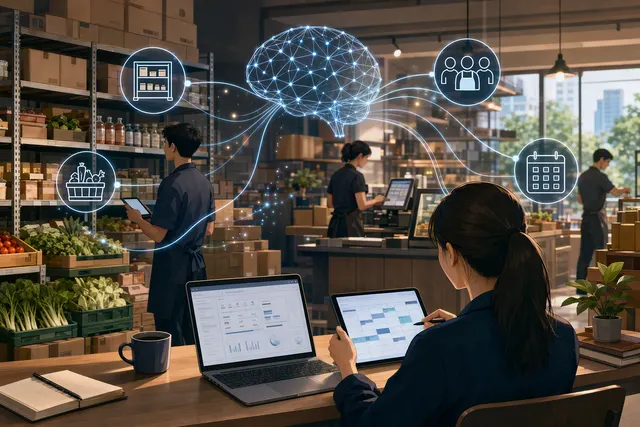 AI-generated editorial illustration about behind-the-scenes AI use in Singapore food businesses