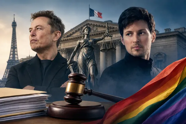 AI-generated editorial illustration for an article about Stop Homophobie’s complaint against Elon Musk and Pavel Durov’s response to France’s X investigation.