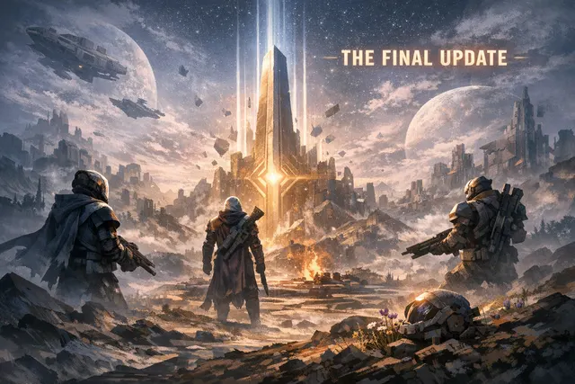 AI-generated editorial image representing the end of an era for Destiny 2 with the Monument of Triumph update.