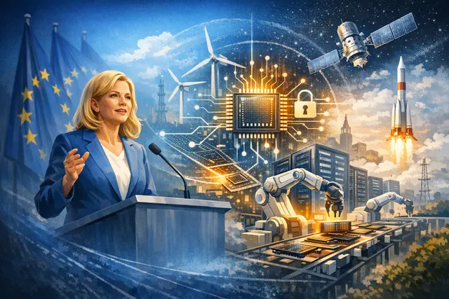 Abstract illustration of the European Union flag integrated with digital technology symbols including a microchip, cloud interface, and AI circuit patterns.