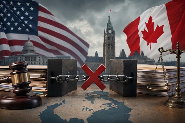 Editorial illustration representing the reported pause in U.S.–Canada antitrust cooperation amid a tariff dispute