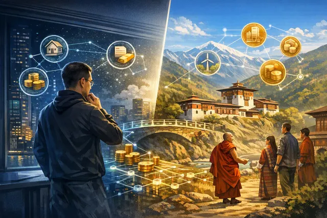 Editorial illustration of Changpeng Zhao and blockchain networks representing real-world asset tokenization