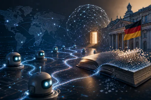 Editorial illustration of AI agents communicating through a public wiki