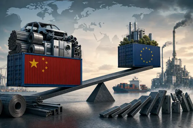 Editorial illustration of European industrial supply chains and trade pressure