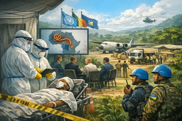 Healthcare workers in protective gear responding to the Bundibugyo Ebola outbreak in Central Africa