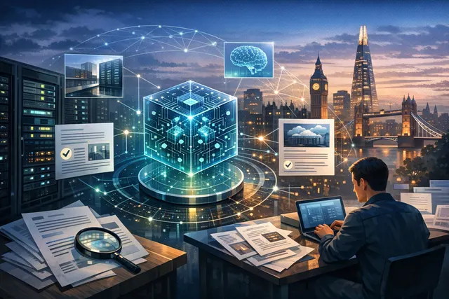 AI-generated visualization of Nscale's global AI data center network, featuring interconnected facilities across Europe, the US, and Asia-Pacific