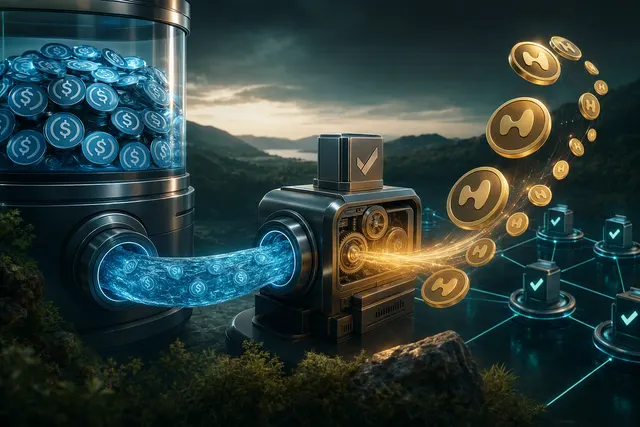 Editorial illustration of Hyperliquid AQAv2 converting USDC reserve yield into HYPE buyback funding