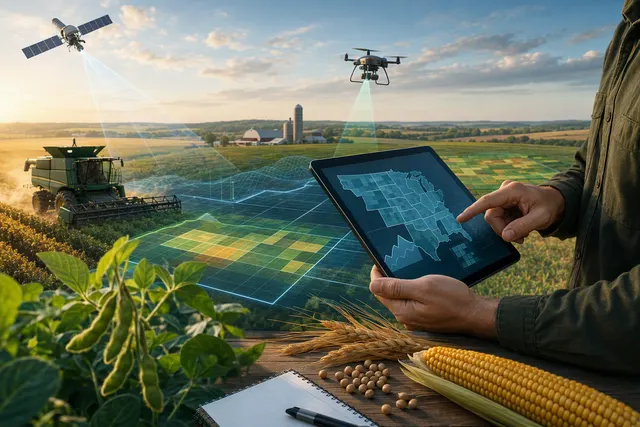 Illustration of satellite-enabled agricultural data analysis over farmland