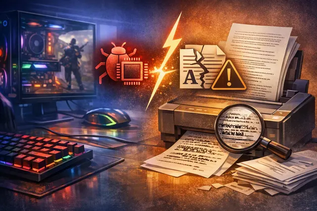 Windows PC displaying a game crash warning beside RGB-lit peripherals and a document printing error