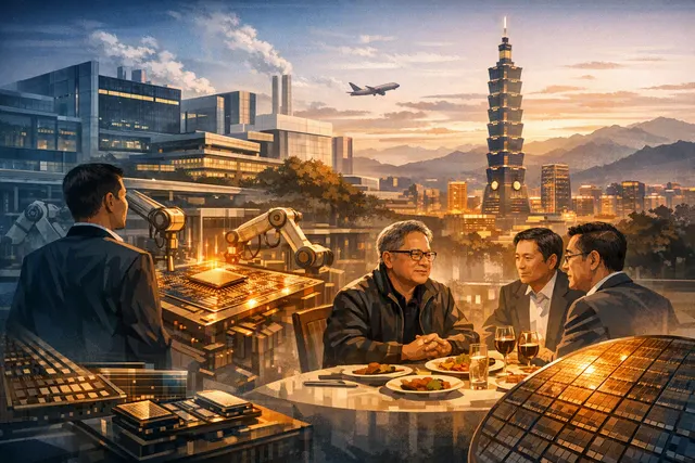 AI-generated editorial illustration of Jensen Huang meeting TSMC executives in Taiwan over Nvidia chip production and supply capacity