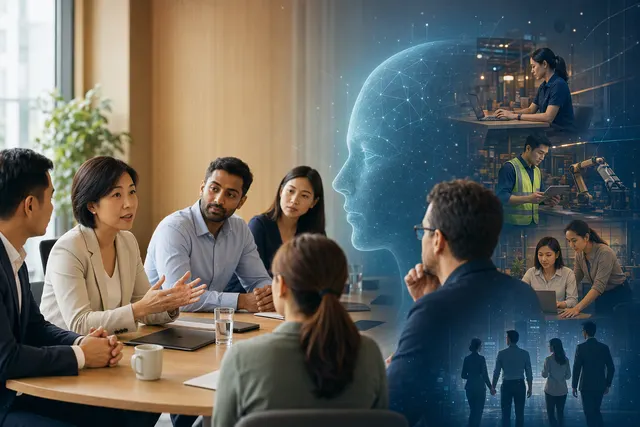 AI-generated editorial illustration accompanying an article about AI adoption and worker trust in Singapore