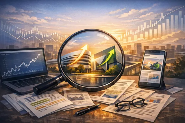 Illustration of Apple and Nvidia logos on stock market charts, representing the market cap battle for the world's most valuable company in 2026