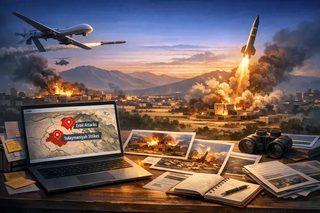 Night sky over Erbil with air defense interceptions and explosions near the U.S. consulate, July 2026 drone attacks
