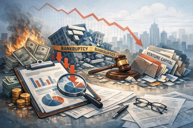 Visual representation of FTX bankruptcy and missed venture investment gains, featuring charts and AI-themed graphics.