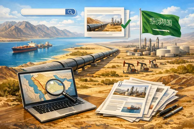 Map showing Saudi Arabia's East-West pipeline route from the Persian Gulf to the Red Sea port of Yanbu, with inset of the Strait of Hormuz chokepoint
