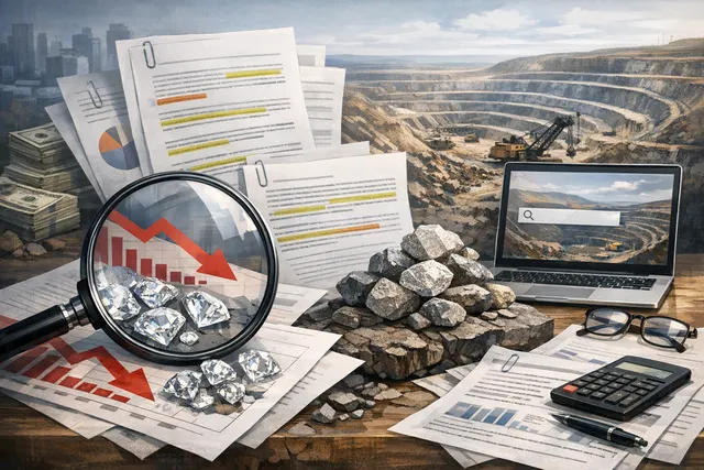 An AI-generated editorial illustration depicting De Beers diamond price collapse, with a large fractured diamond and downward-trending charts in the background.