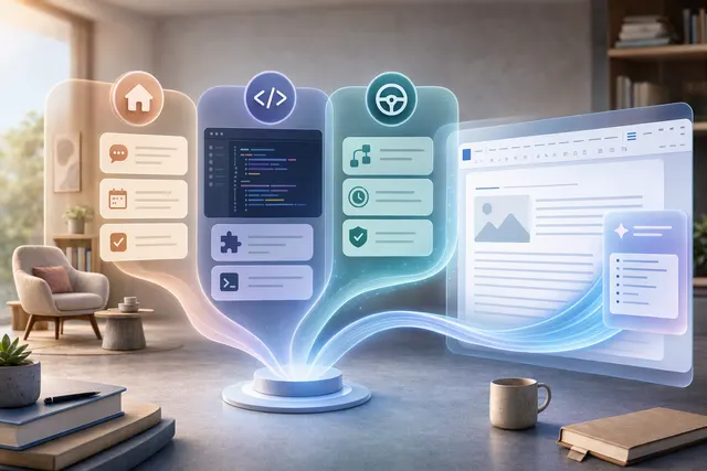 Conceptual illustration of an AI workspace connecting office productivity tools, coding and automated agents
