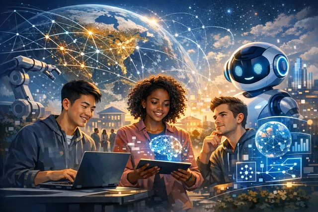 A diverse group of university students collaborating on a laptop, with a glowing digital interface showing the letters IBM Bob and code flowing between them.