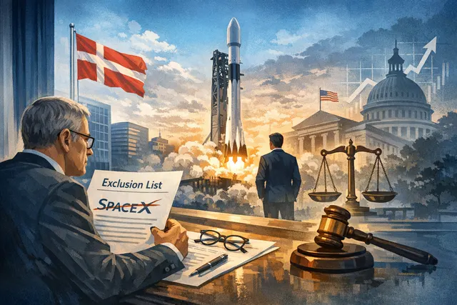 Editorial illustration of a Danish pension fund badge next to a SpaceX rocket on a launchpad, depicted as a financial blacklist and corporate governance tension concept.