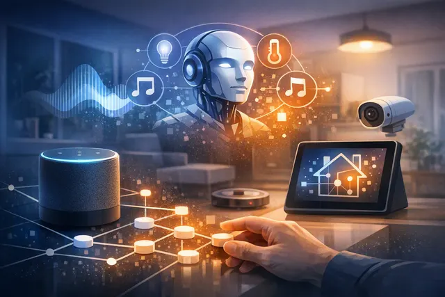 Editorial illustration of an AI smart-home assistant struggling to control household devices