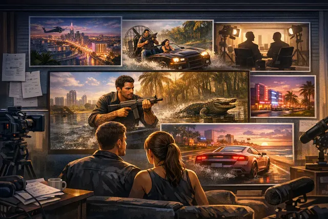 Stylized editorial illustration of Jason and Lucia escaping through a neon Vice City-inspired landscape in Grand Theft Auto VI