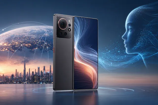 Editorial illustration of an AI-agent smartphone representing ByteDance Doubao and Nubia NaviX Ultra