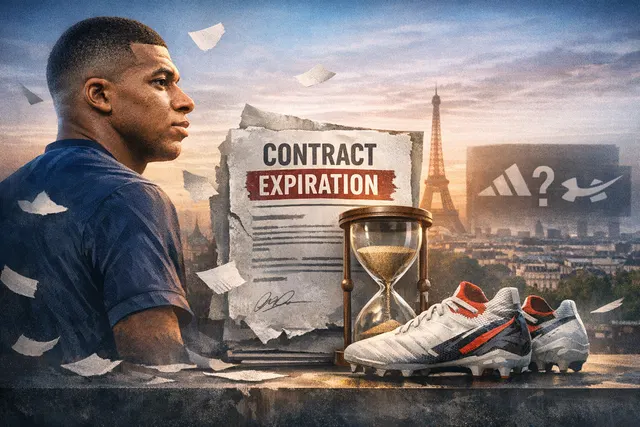 Kylian Mbappé celebrating in a Real Madrid kit, representing his career at a commercial crossroads as his Nike sponsorship nears expiration.