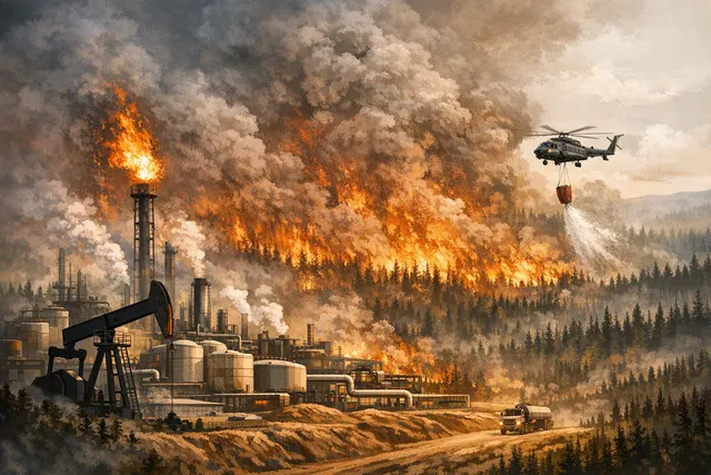 Aerial view of wildfire smoke rising near Alberta oil sands facilities, illustrating the convergence of natural disaster risk and critical energy infrastructure in 2026.
