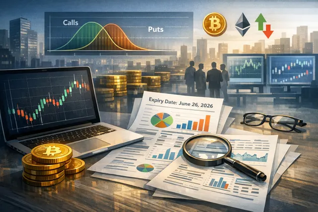 Abstract data visualization of Bitcoin and Ethereum options expiry metrics with red bearish indicators