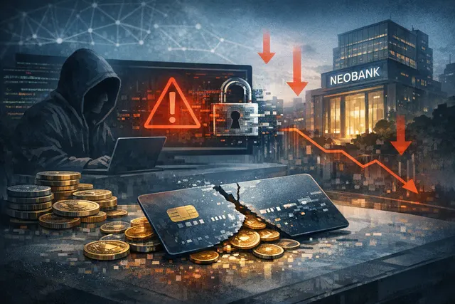 Editorial illustration of a crypto wallet and Visa card connected by blockchain circuitry during a security incident