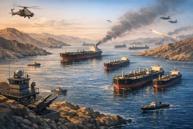 Aerial view of tanker ships queued outside the Strait of Hormuz, illustrating the maritime traffic disruption