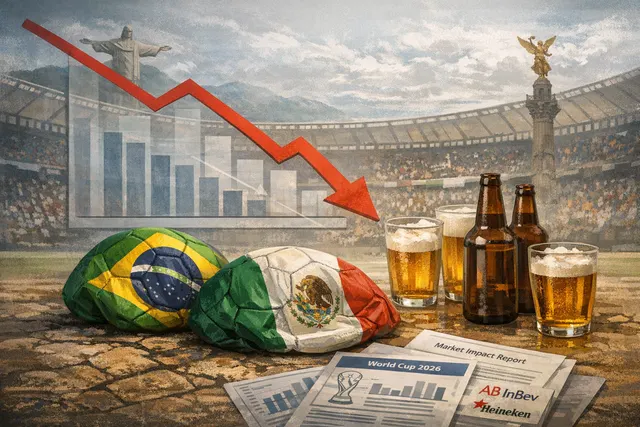 AI-generated editorial image showing beer glasses and soccer imagery, representing the connection between World Cup football and beer sales.