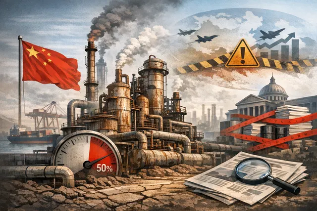 An oil refinery complex at dusk with smoke rising from multiple stacks, representing China's teapot refineries.