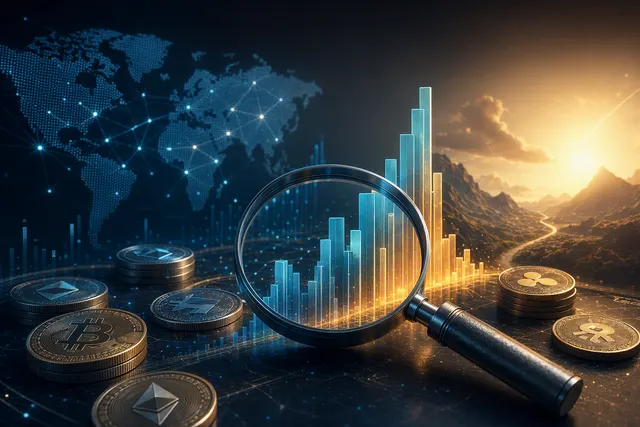 Editorial illustration of Bitcoin trading activity and rising cryptocurrency market volume