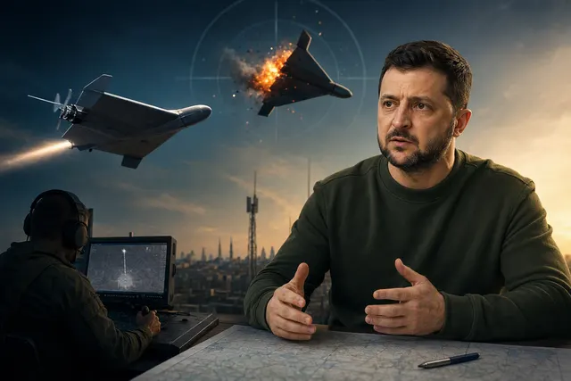 Editorial illustration of an interceptor drone pursuing a jet-powered attack drone