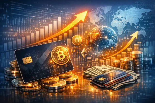Graphic representing the surge in global crypto card spending to $7.8 billion, featuring digital card visuals and a world map.