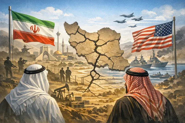 Illustration of economic pressure and maritime tensions surrounding Iran, the United States and Gulf trade routes